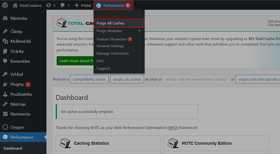 Zmazaie cache vo W3 Total Cache plugin cez Toolbar