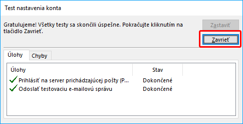 Úspešné testovanie nastavenia emailového konta
