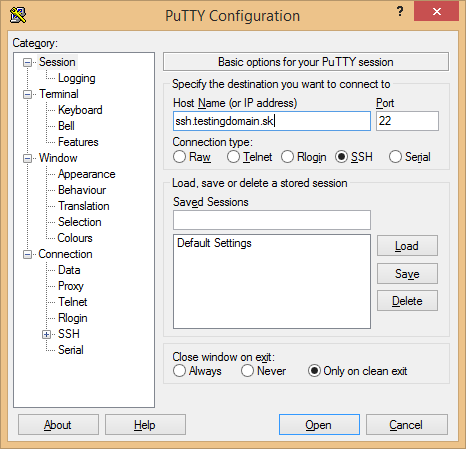 Spustenie a konfigurácia PuTTY: