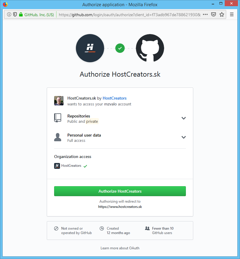 Autorizácia GitHub účtu