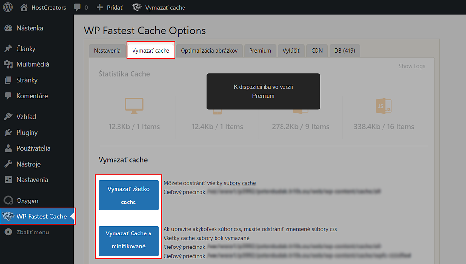 Zmazanie cache cez WP Fastest Cache plugin