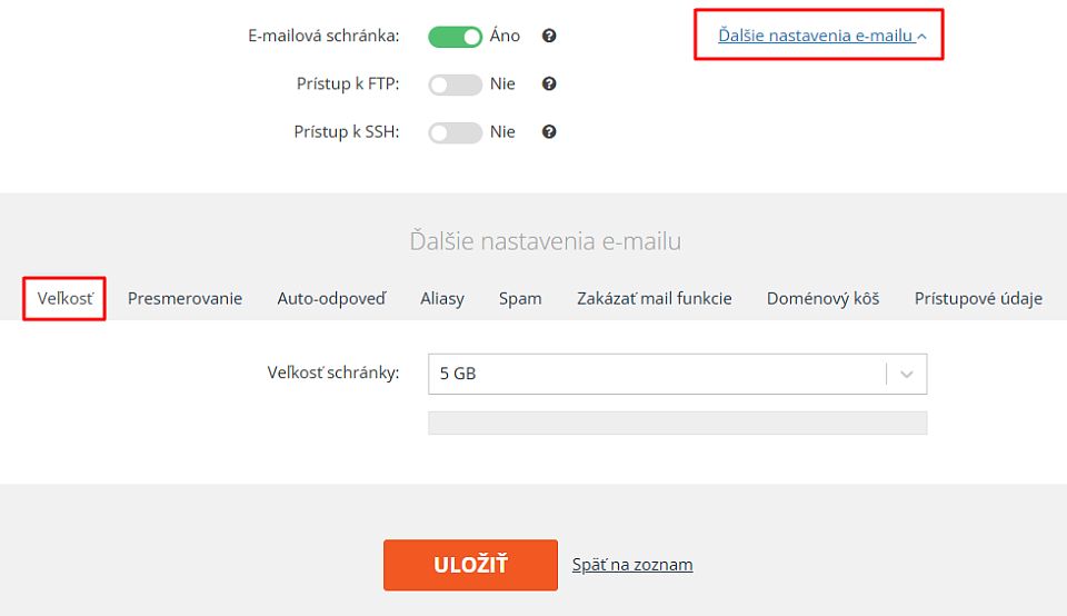 Nastavenie veľkosti emailu