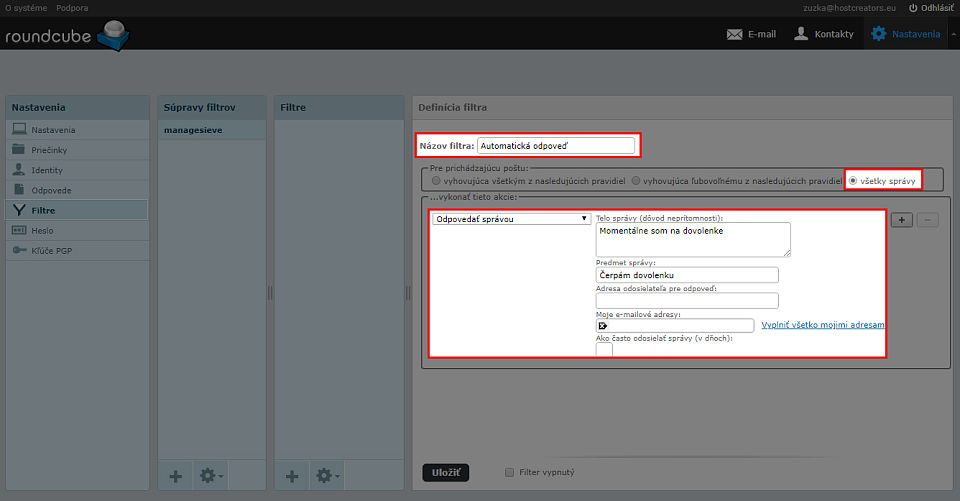 Nastavenie automatickej odpovede v Roundcube