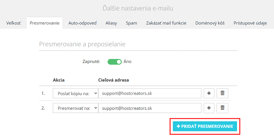 Pridať presmerovanie emailu