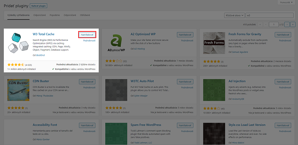 Inštalovať W3 Total Cache plugin pre WordPress